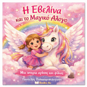 Εξώφυλλο παιδικού βιβλίου Η Εβελίνα και το Μαγικό Άλογο με κορίτσι και φτερωτό άλογο σε ροζ ουρανό