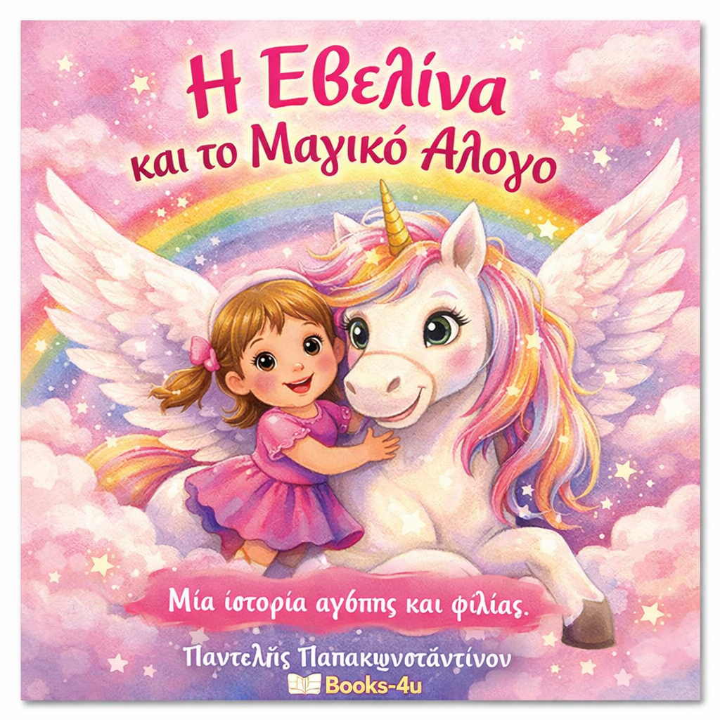Εξώφυλλο παιδικού βιβλίου Η Εβελίνα και το Μαγικό Άλογο με κορίτσι και φτερωτό άλογο σε ροζ ουρανό