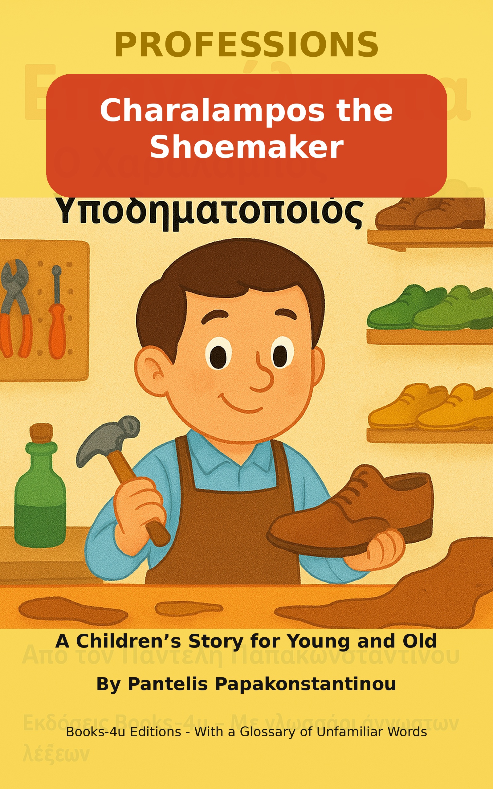 Charalampos the Shoemaker English children’s eBook cover about shoes, shoemaking and teamwork