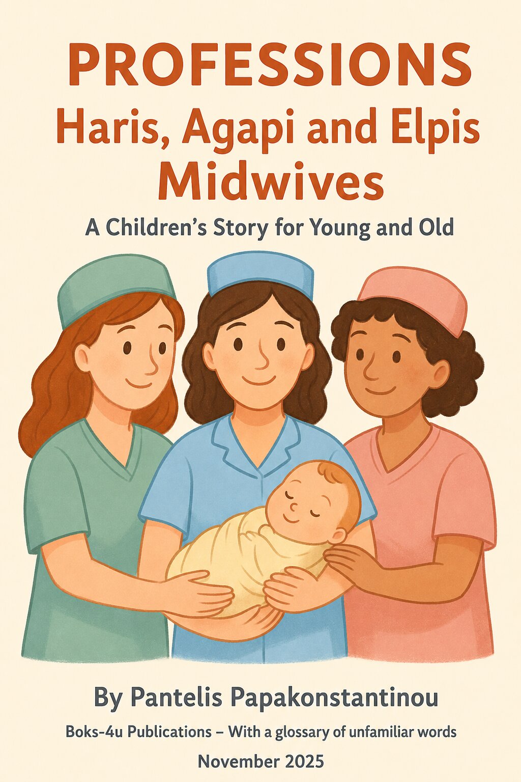 Haris, Agapi and Elpis Midwives English children’s eBook cover about midwives, newborn babies and care