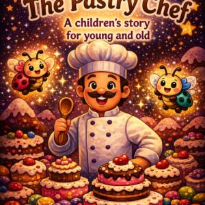 Children’s book cover of Charalampos the Pastry Chef, smiling in a magical bakery world with cakes, sweets, stars, and two cute flying insects, Fifi and Fofi.